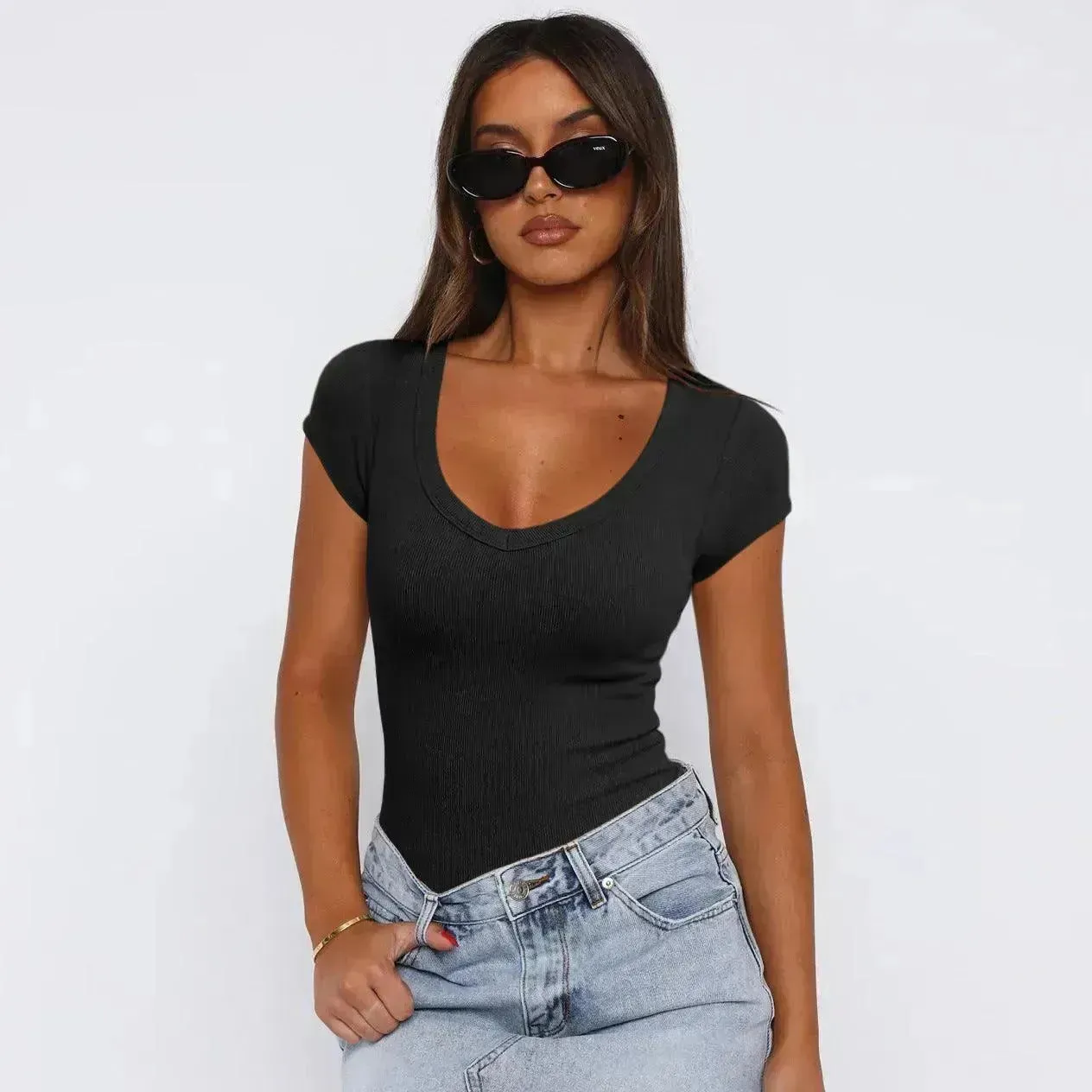 Fashion Spiral Pattern Slim T-shirt Summer Solid Color Charming Short-sleeved Top For Women
