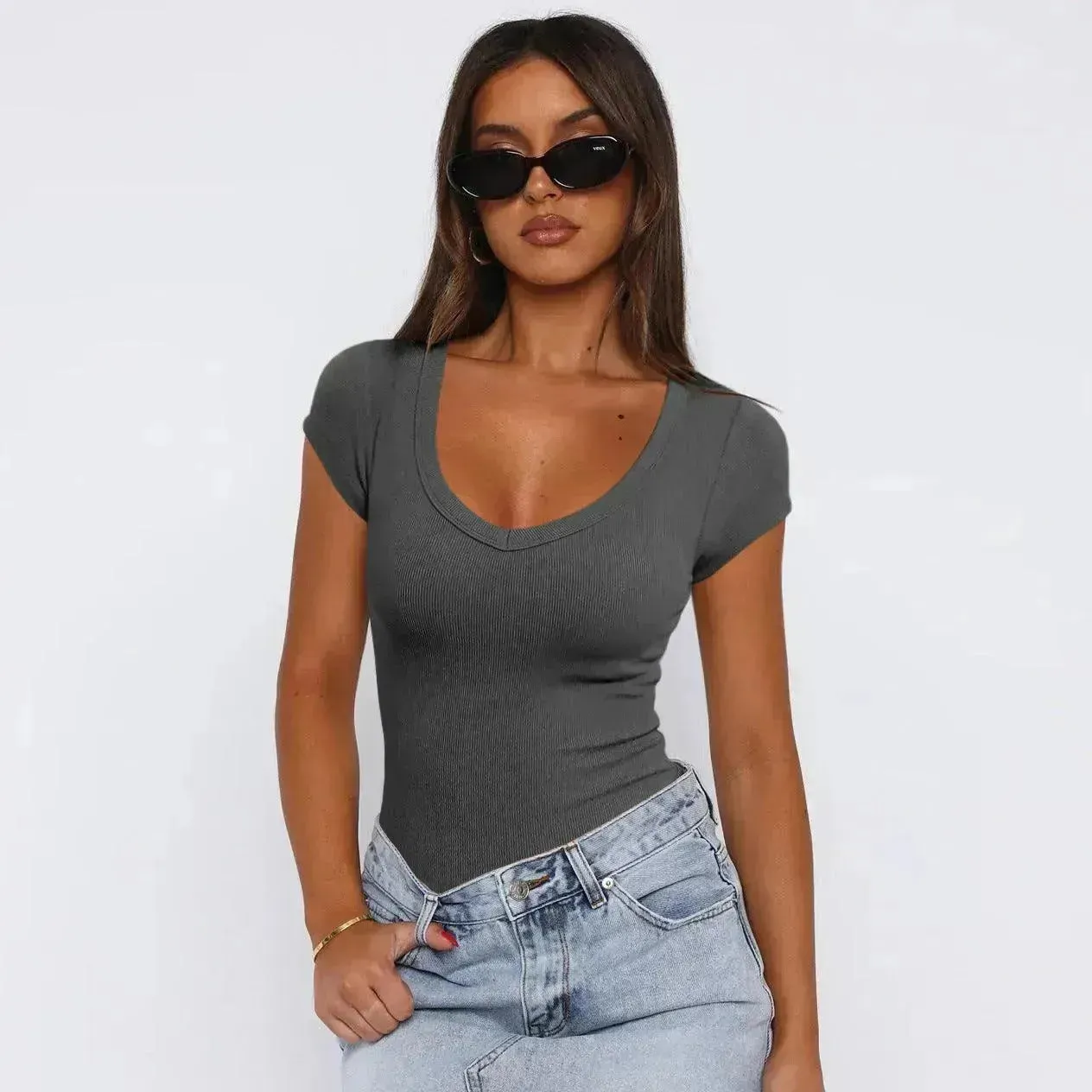 Fashion Spiral Pattern Slim T-shirt Summer Solid Color Charming Short-sleeved Top For Women