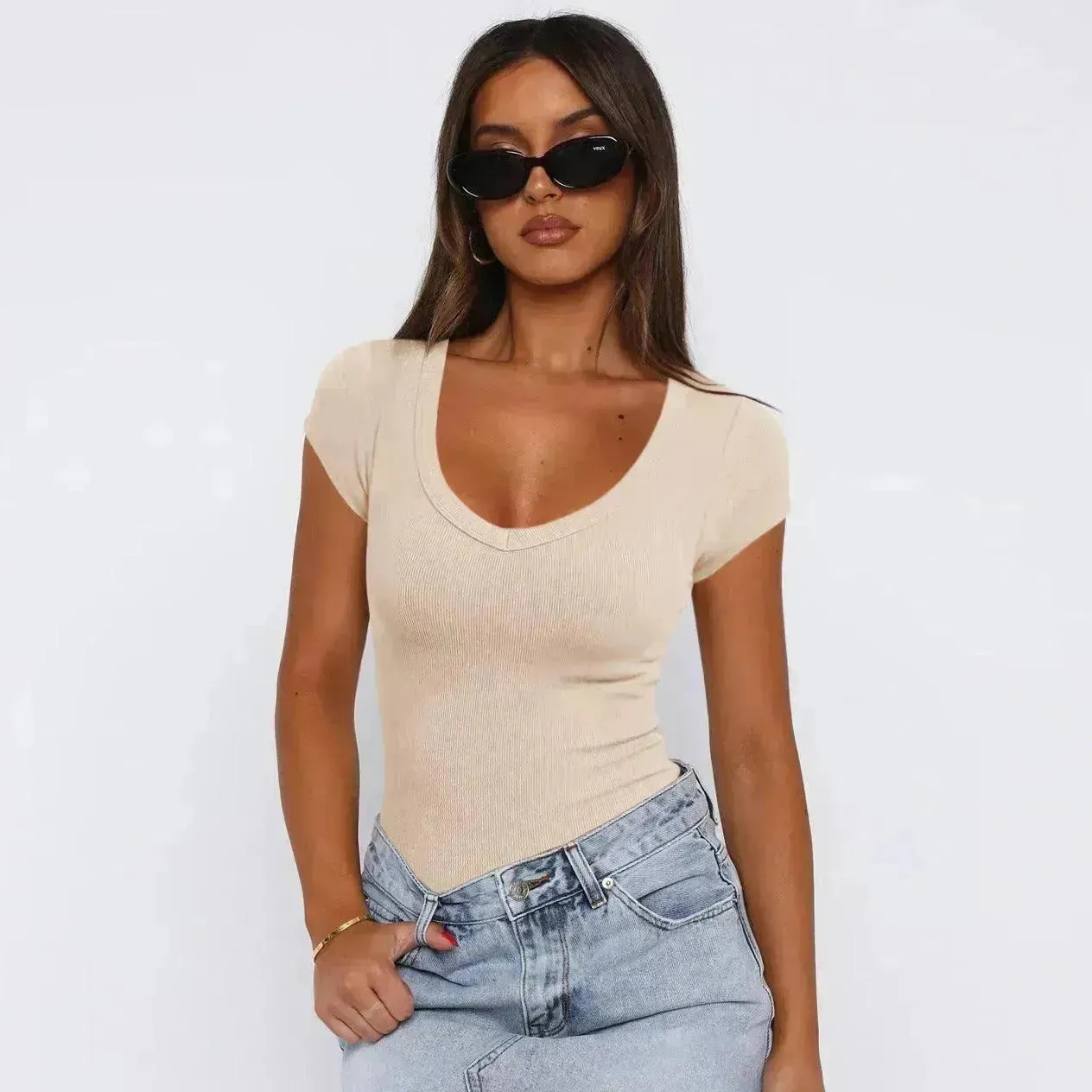 Fashion Spiral Pattern Slim T-shirt Summer Solid Color Charming Short-sleeved Top For Women