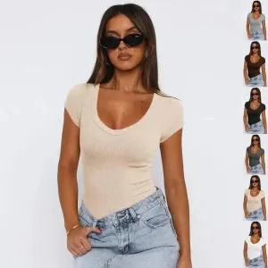 Fashion Spiral Pattern Slim T-shirt Summer Solid Color Charming Short-sleeved Top For Women
