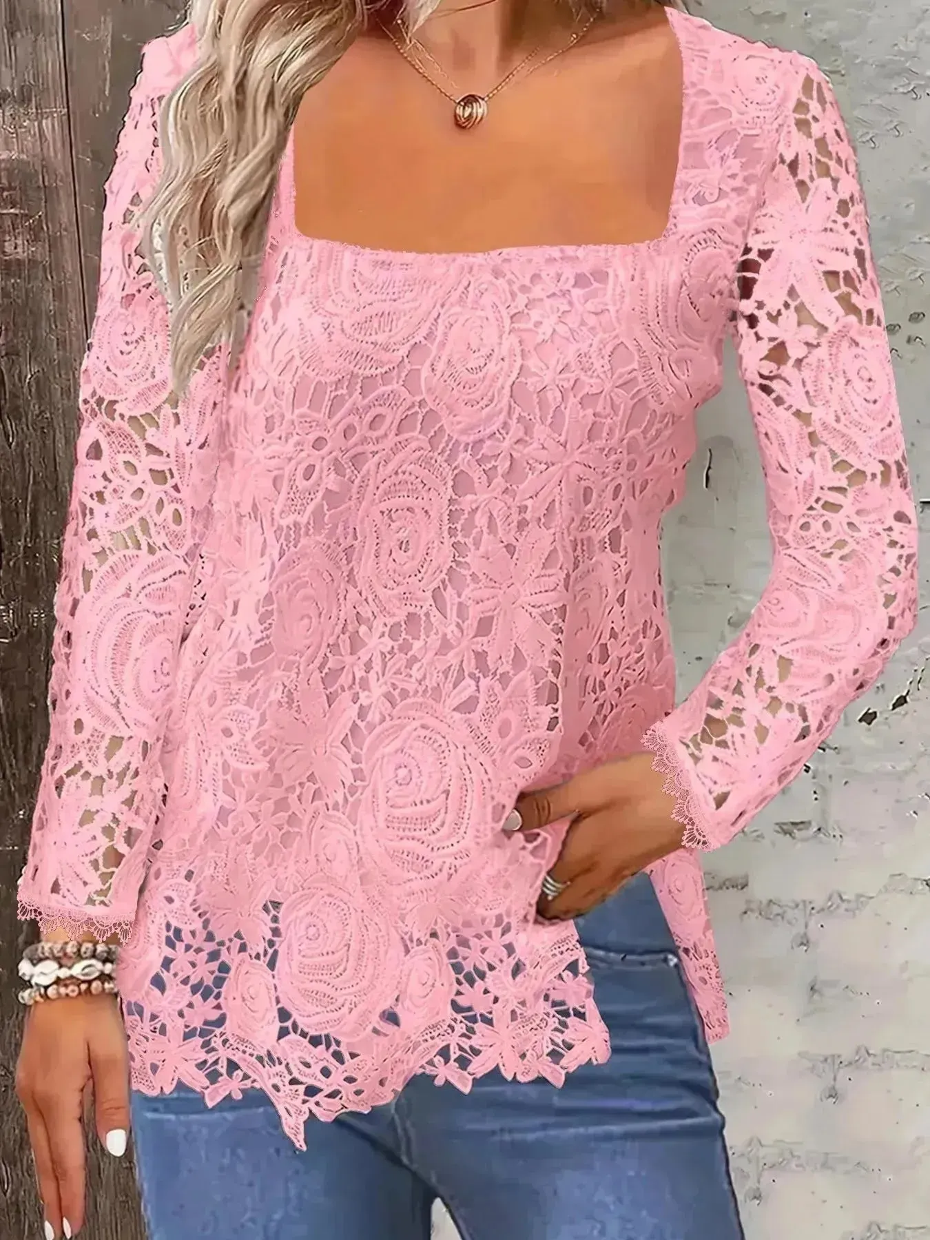 Fashionable Evening Top for Women Square Neck Long Sleeve Lace top Long Top for Women