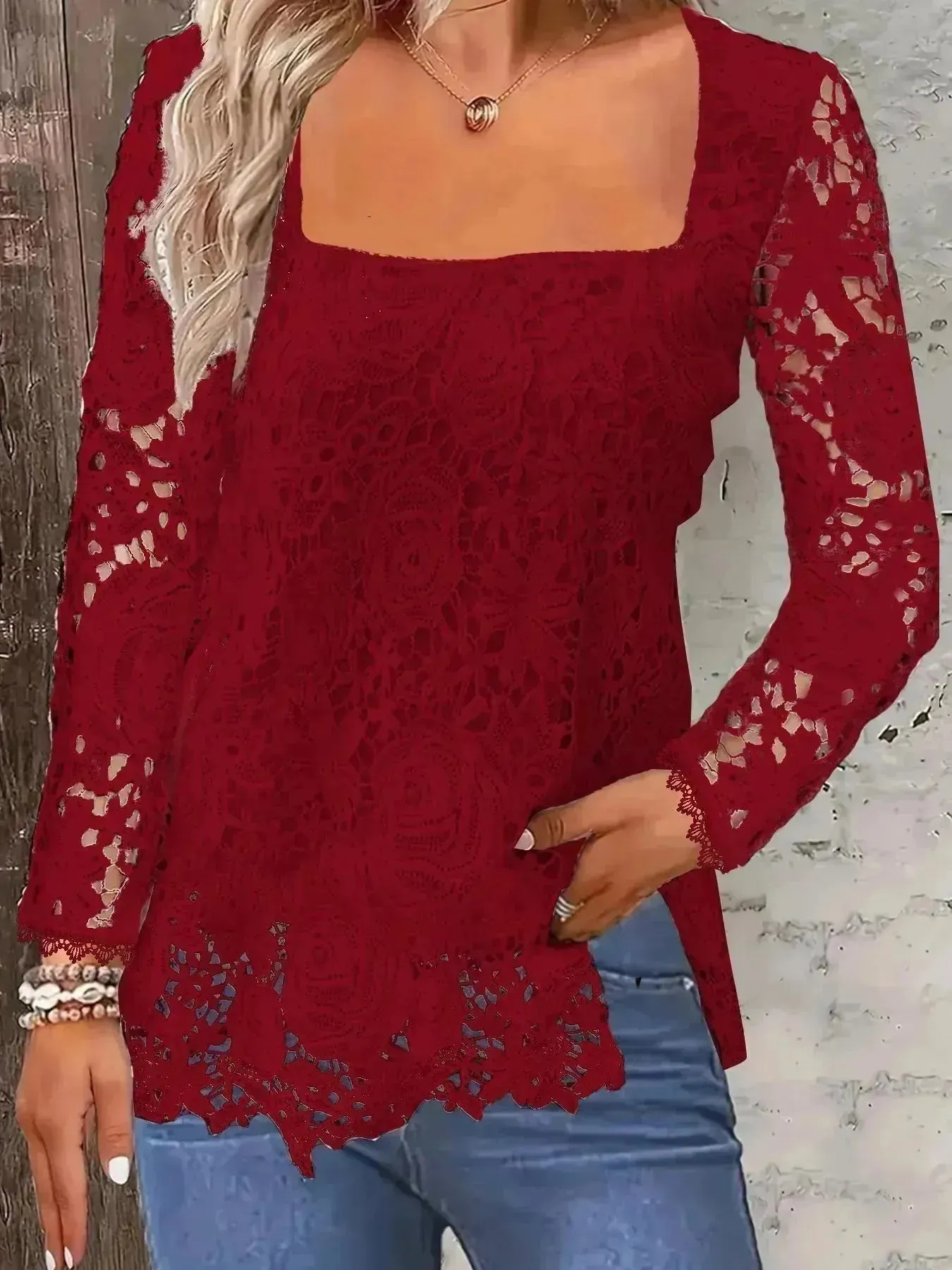 Fashionable Evening Top for Women Square Neck Long Sleeve Lace top Long Top for Women