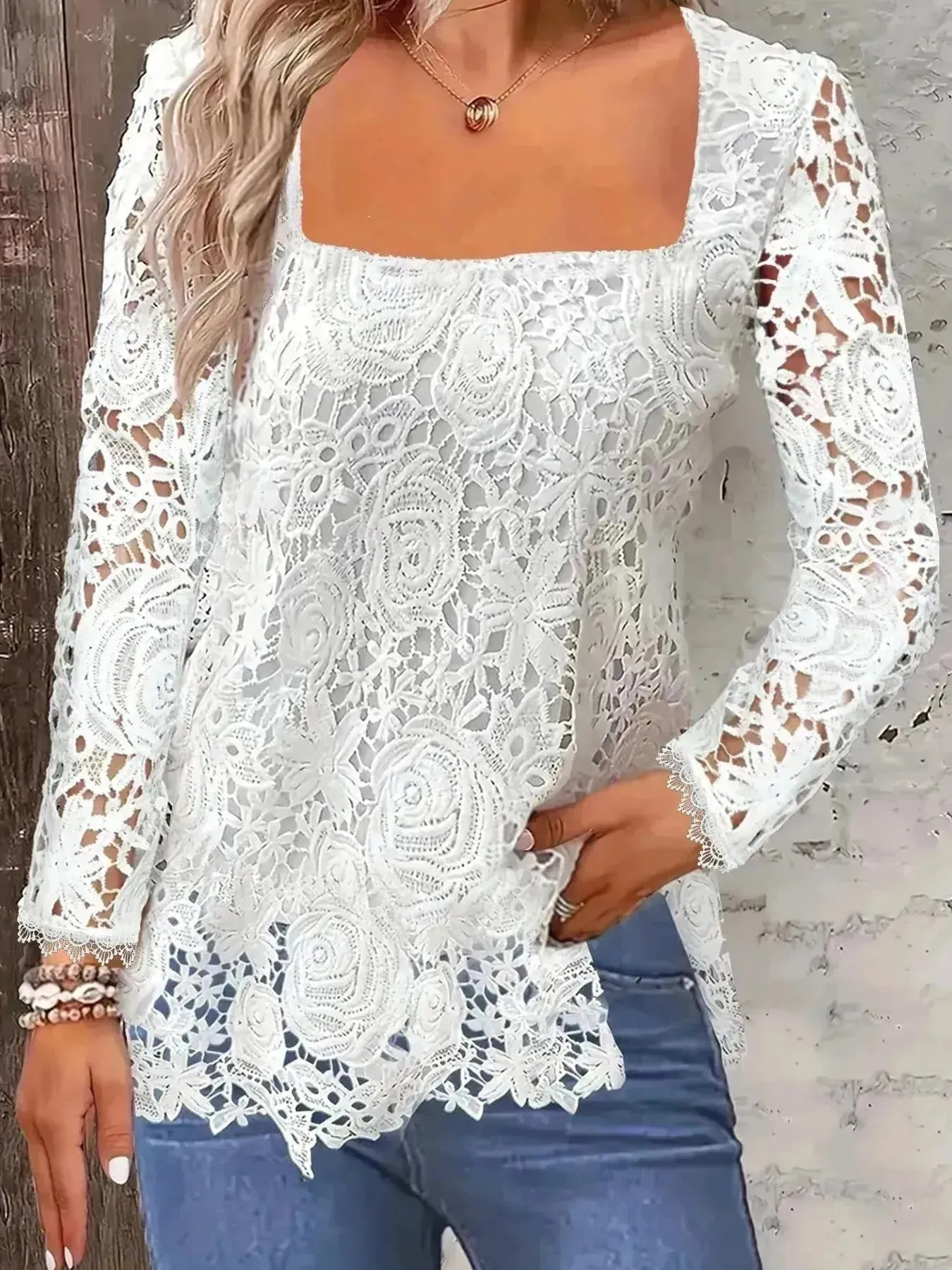 Fashionable Evening Top for Women Square Neck Long Sleeve Lace top Long Top for Women