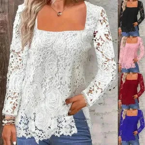 Fashionable Evening Top for Women Square Neck Long Sleeve Lace top Long Top for Women