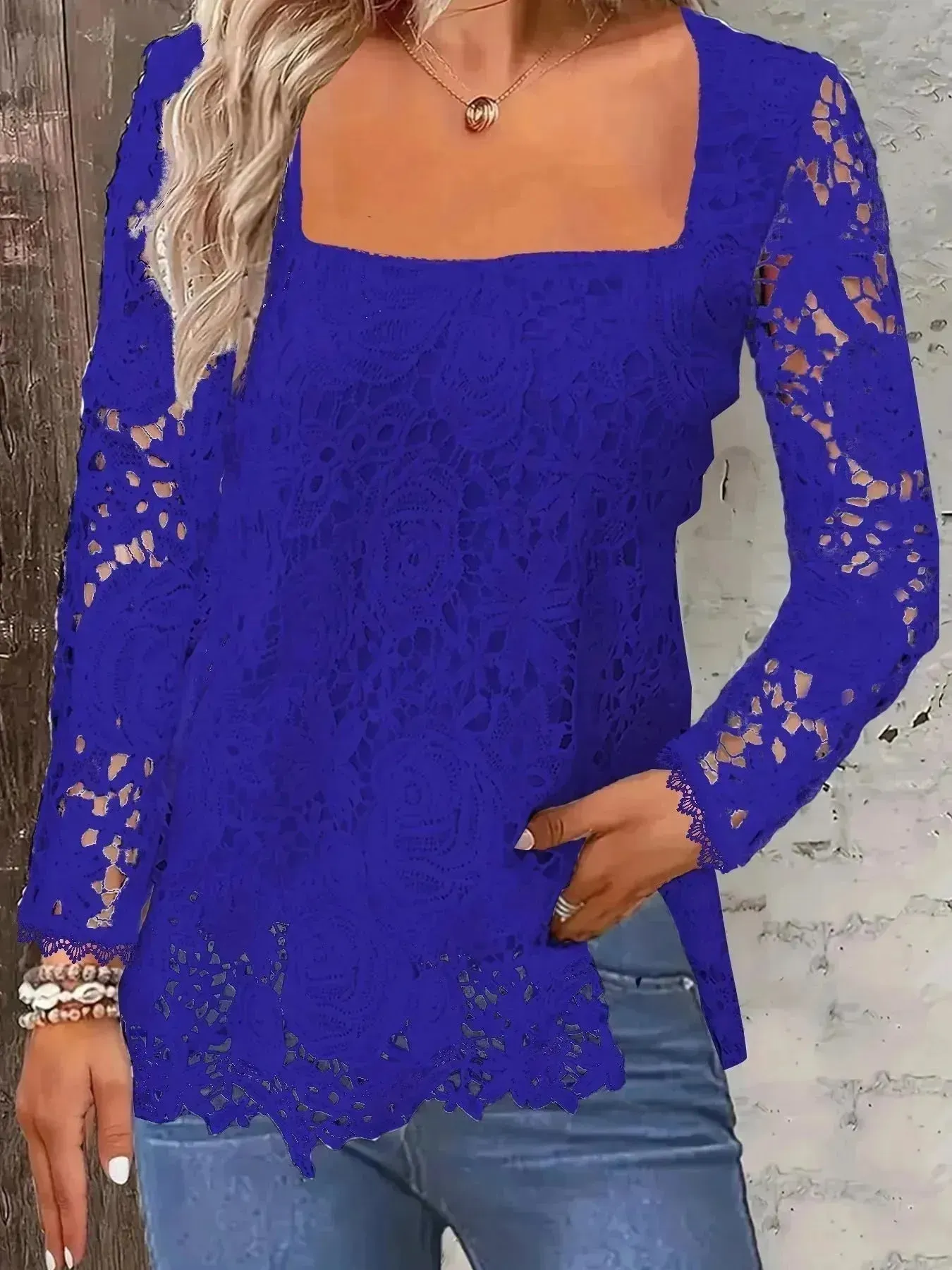 Fashionable Evening Top for Women Square Neck Long Sleeve Lace top Long Top for Women