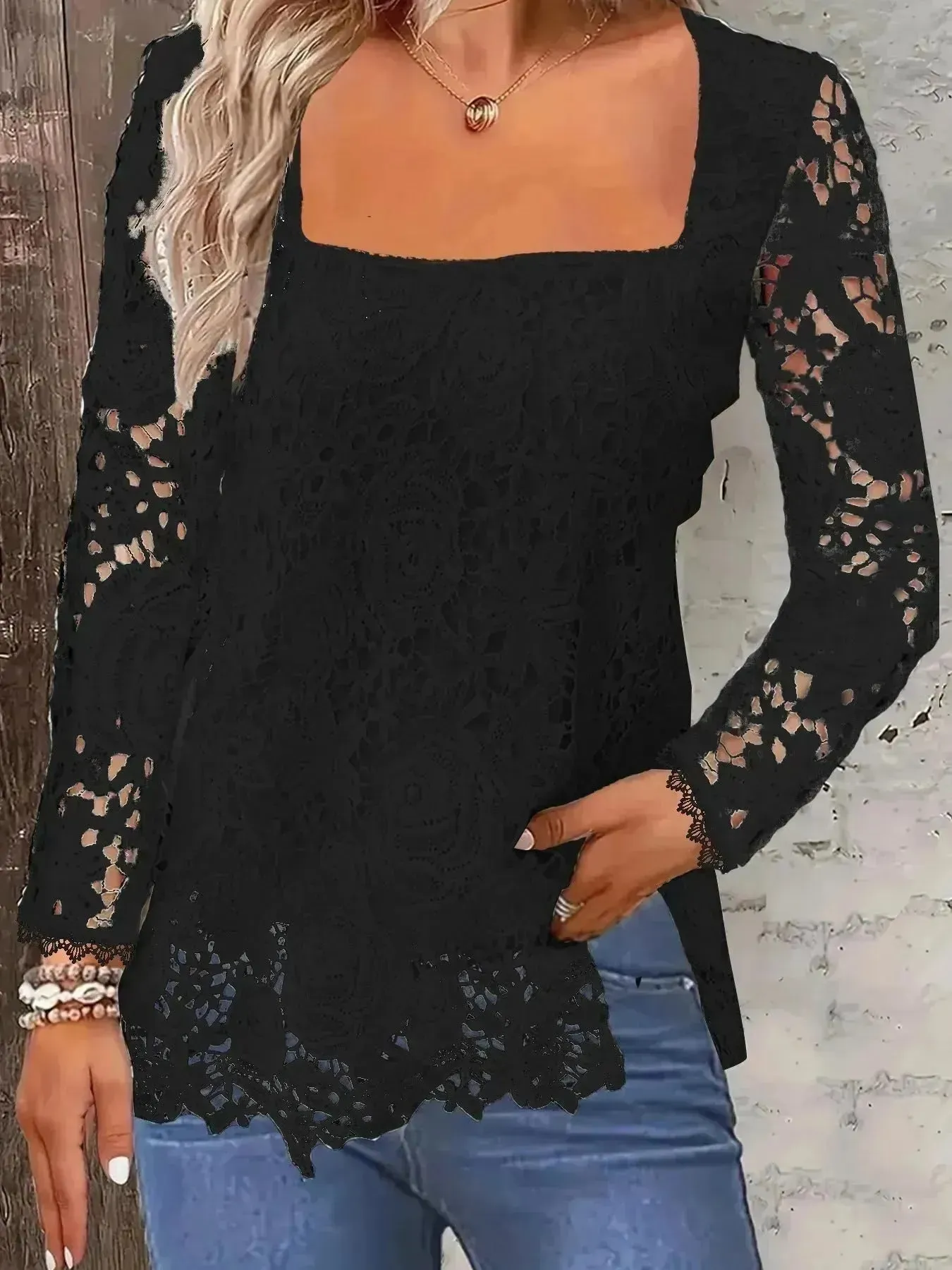 Fashionable Evening Top for Women Square Neck Long Sleeve Lace top Long Top for Women