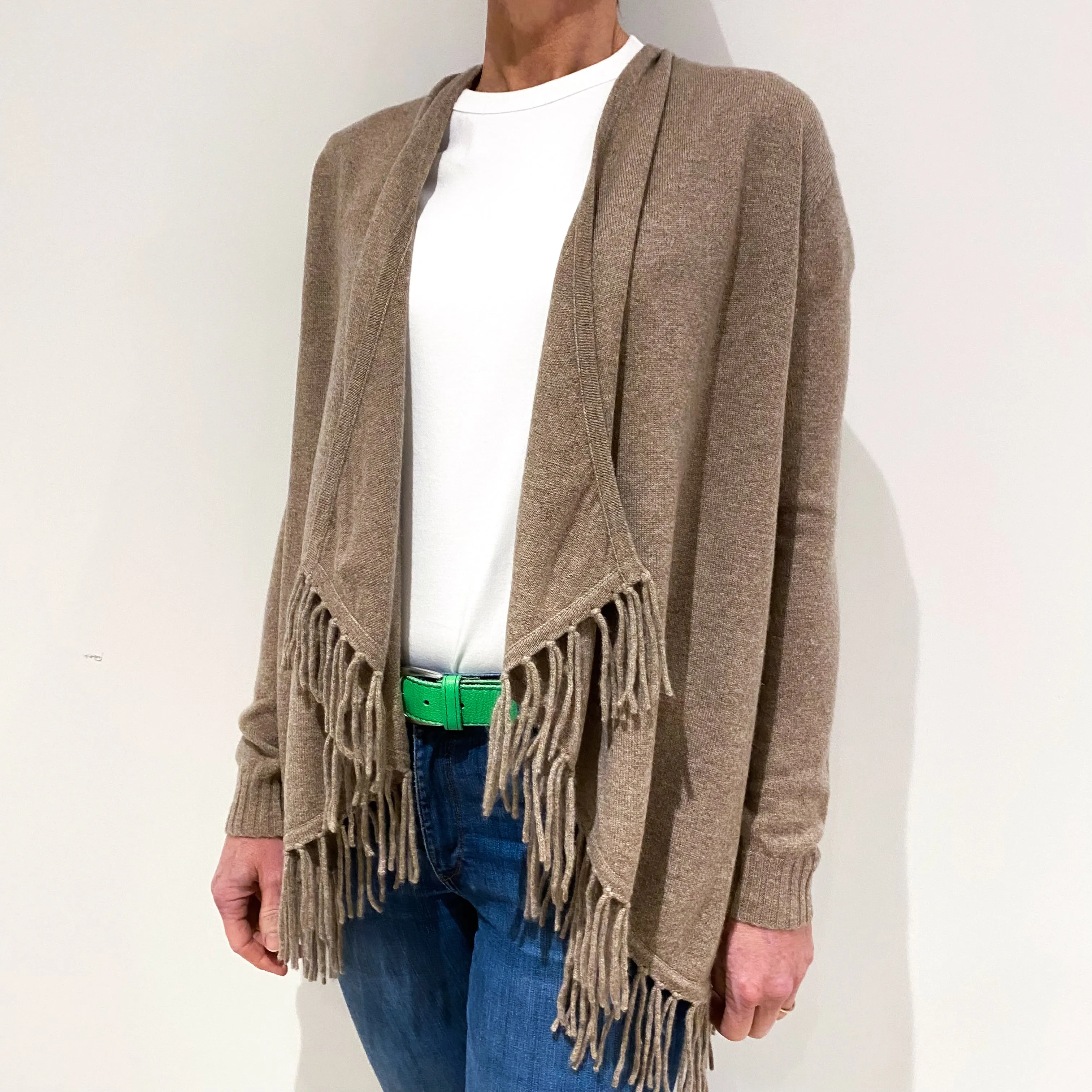 Fawn Beige Cashmere Tassel Edges Waterfall Cardigan Small