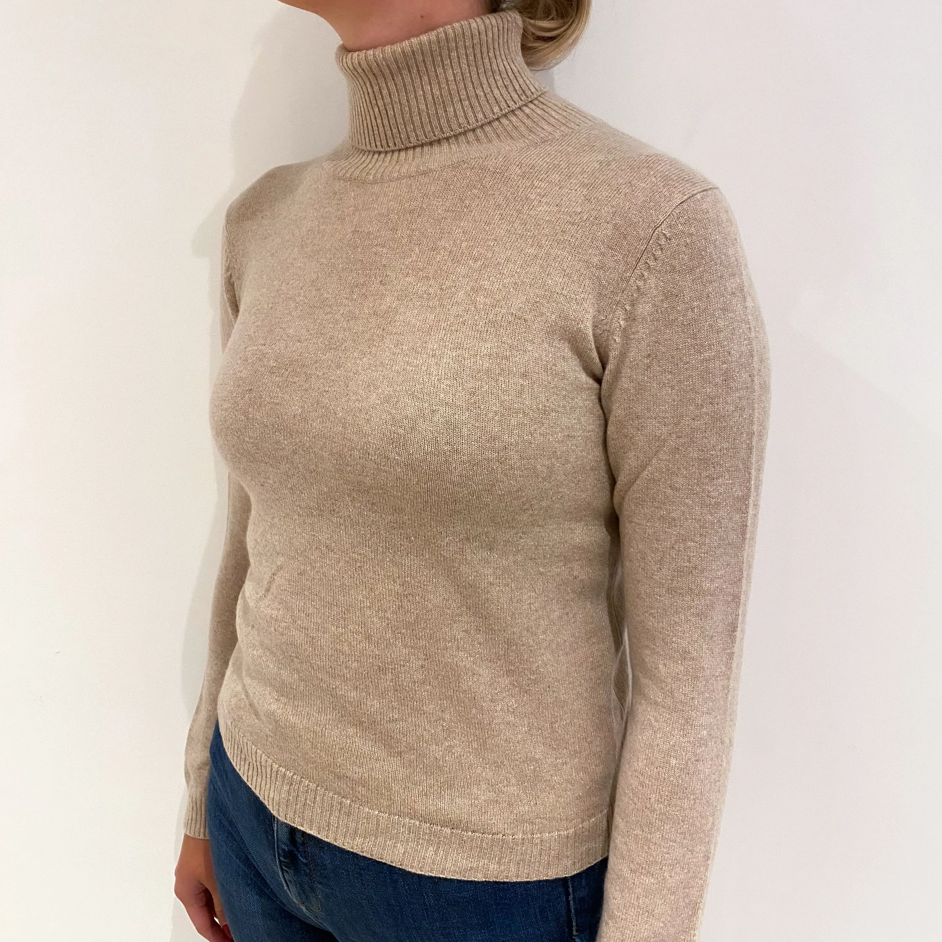 Fawn Brown Cashmere Polo Neck Jumper Small