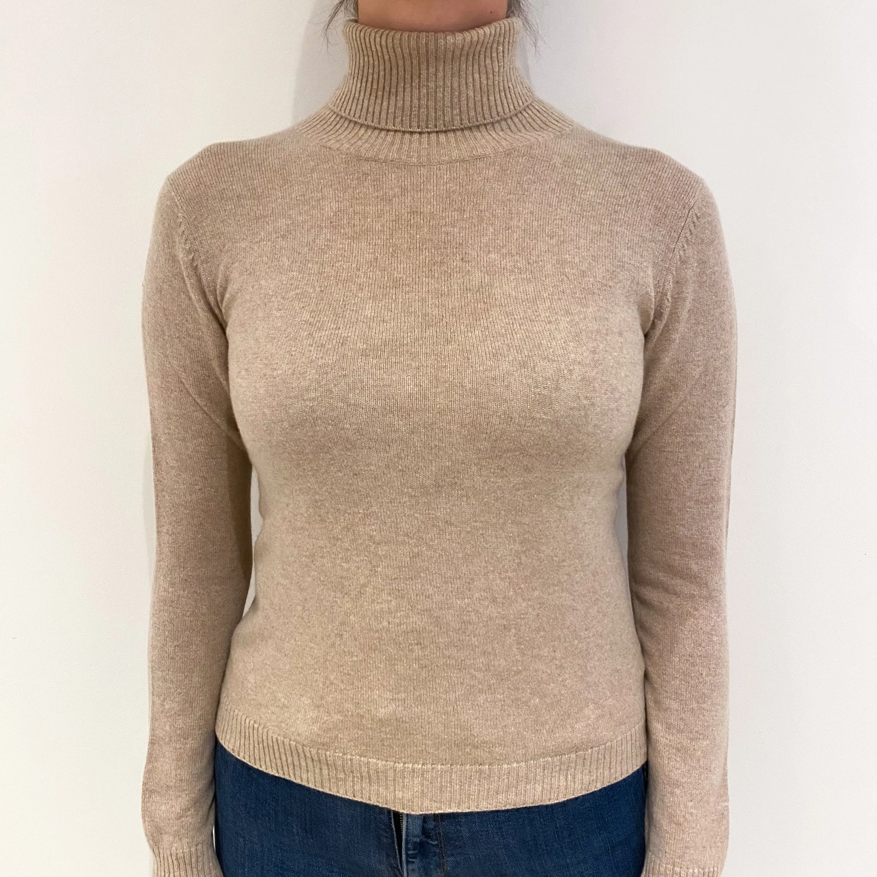 Fawn Brown Cashmere Polo Neck Jumper Small