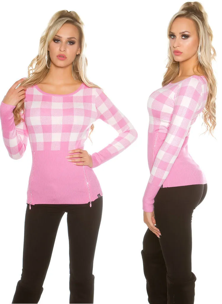 Feminine stylish Pink checked knitwear Jumper top.size fits UK 8/10