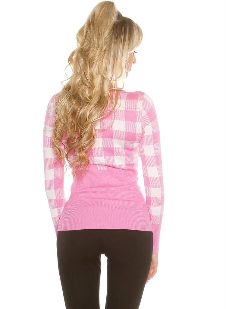 Feminine stylish Pink checked knitwear Jumper top.size fits UK 8/10