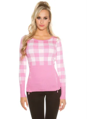 Feminine stylish Pink checked knitwear Jumper top.size fits UK 8/10