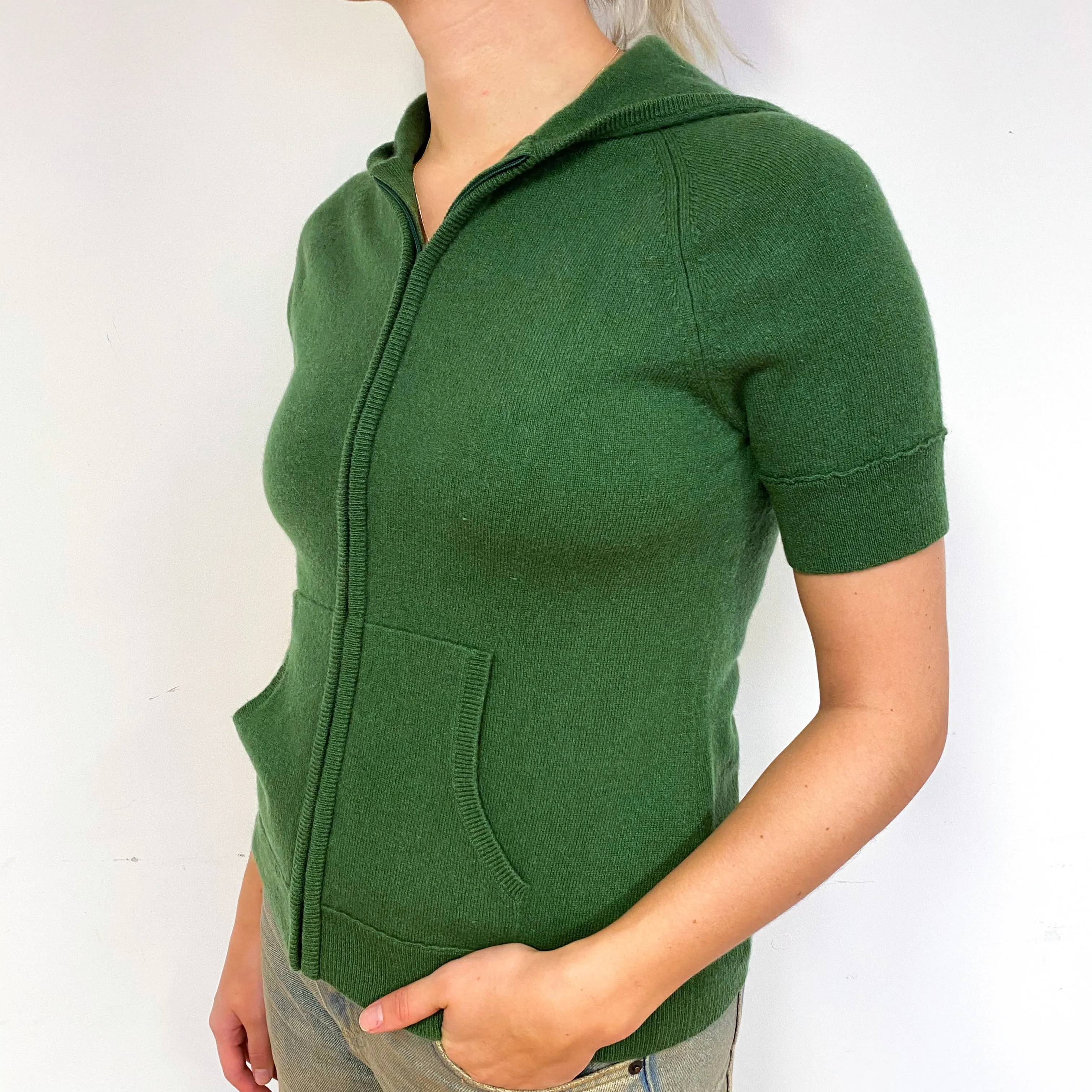 Fern Green Cashmere Short Sleeve Hoodie Cardigan Small