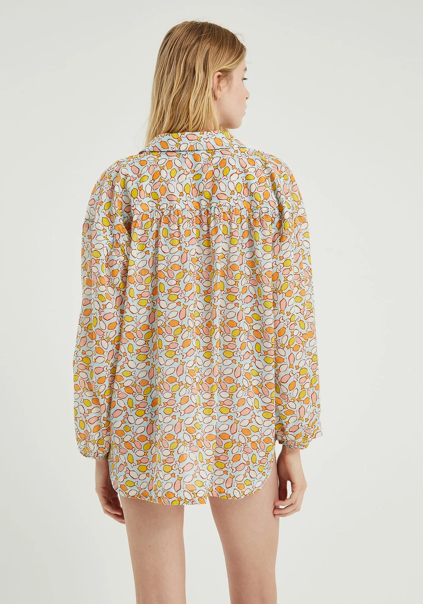 Fish Print Oversized Long-Sleeved Shirt