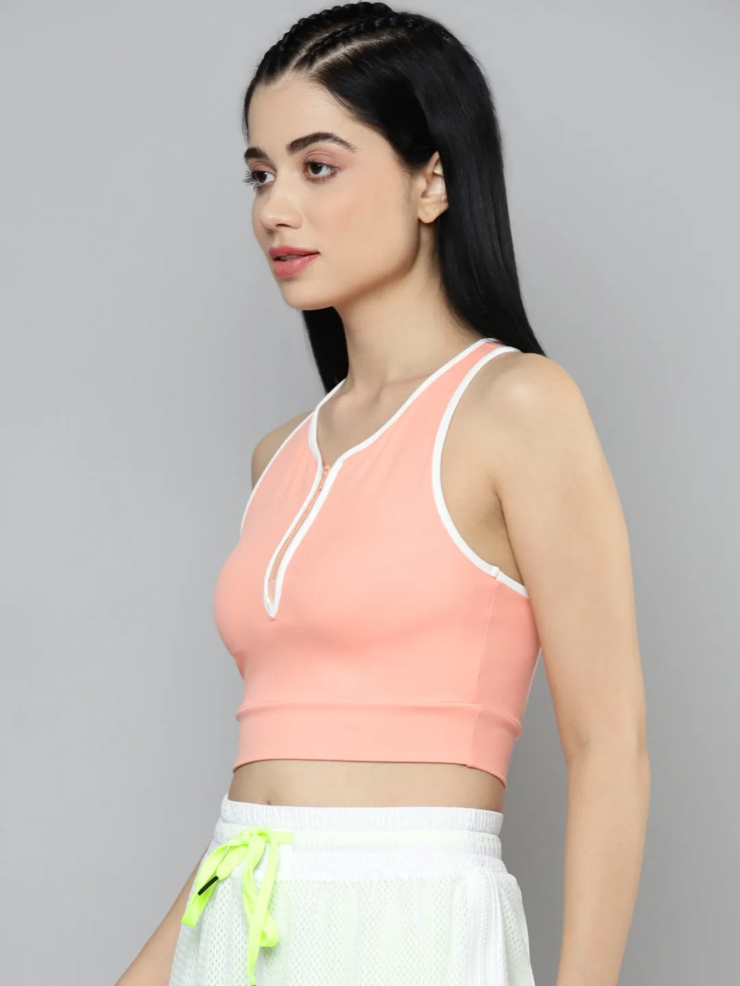 Fitkin Peach Solid Front Zipper Crop Top