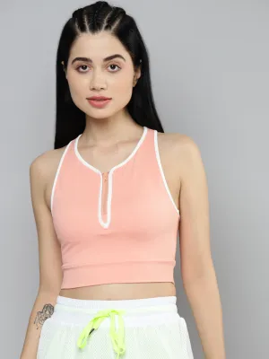 Fitkin Peach Solid Front Zipper Crop Top