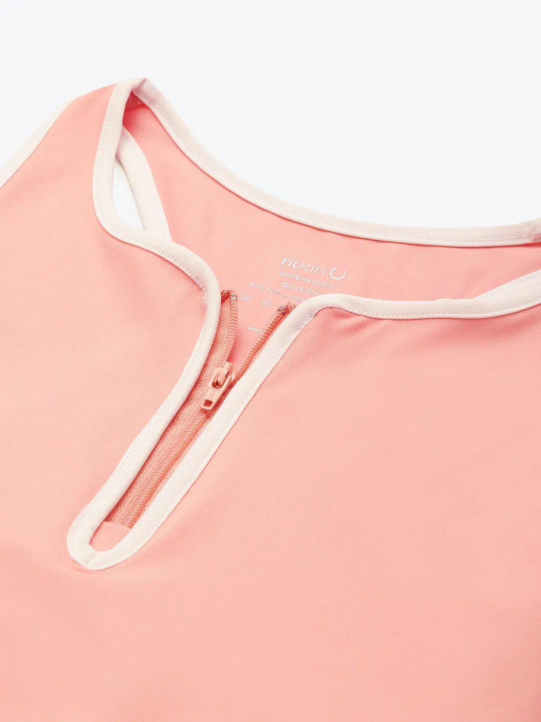 Fitkin Peach Solid Front Zipper Crop Top