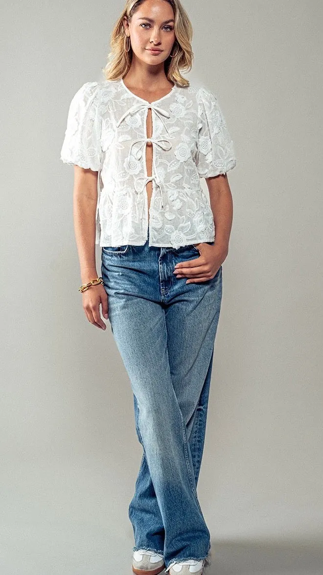 Floral Embroidered Tie Front Top White