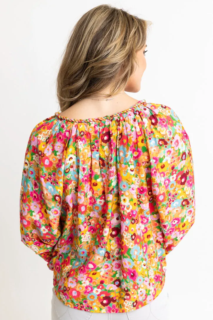 Floral Garden Vneck Rope Trim Top