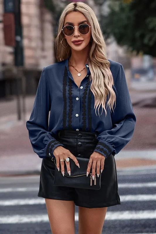 Floral Lace Trims Button Blouse