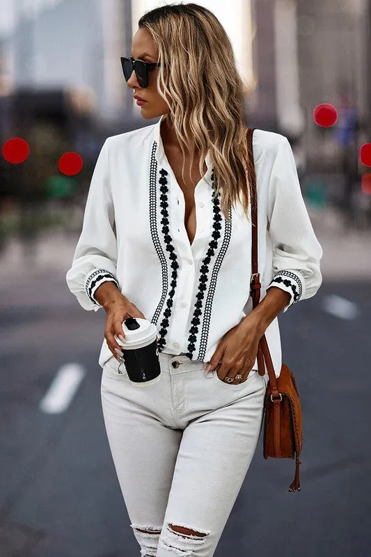 Floral Lace Trims Button Blouse