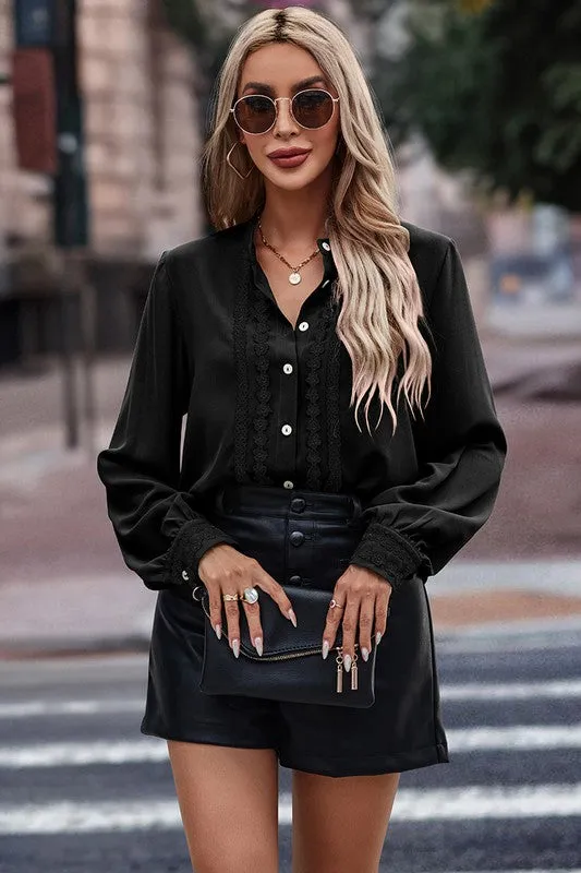 Floral Lace Trims Button Blouse