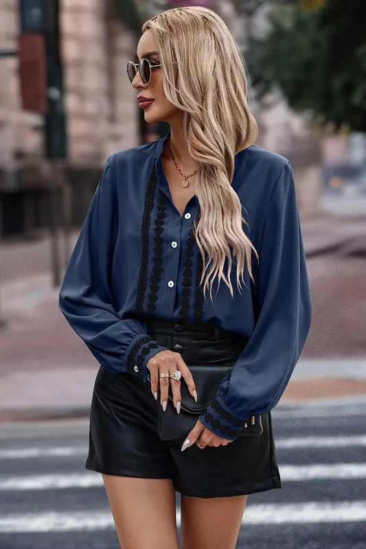 Floral Lace Trims Button Blouse