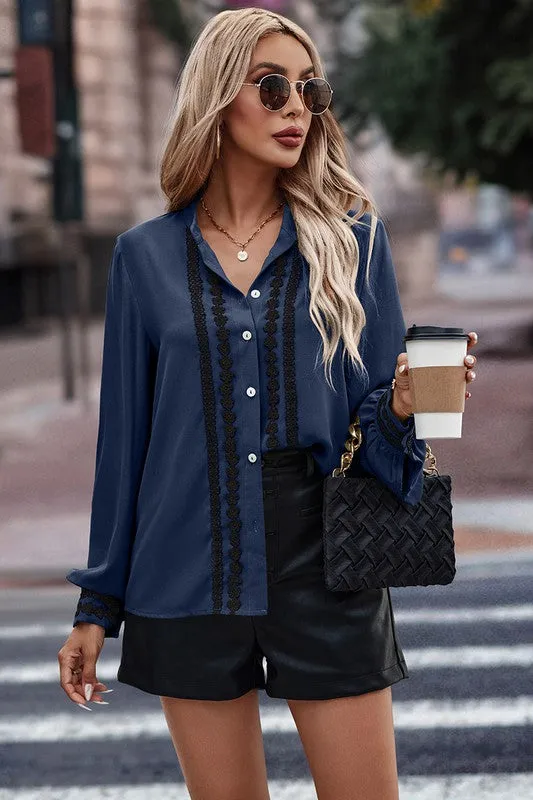 Floral Lace Trims Button Blouse