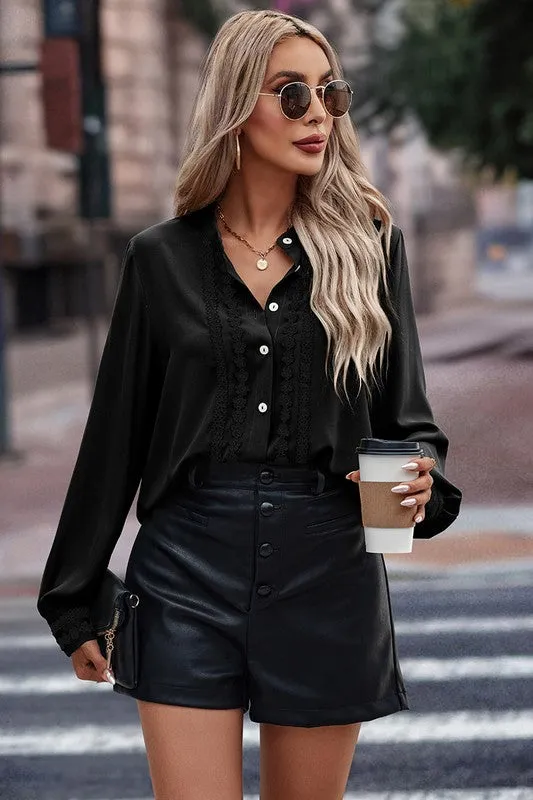 Floral Lace Trims Button Blouse