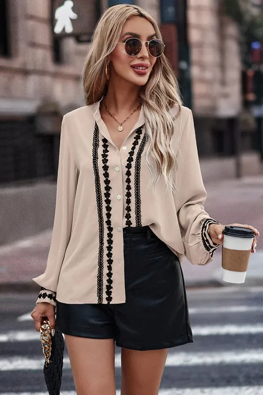 Floral Lace Trims Button Blouse