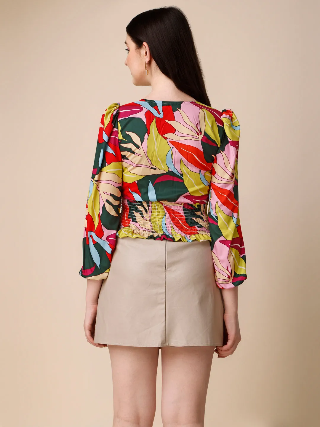 Floral Printed Square Neck Puff Sleeves Smocked Fitted Crop Top