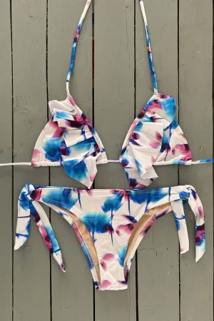 Floral Triangle Bikini Top with Ruffle Accent