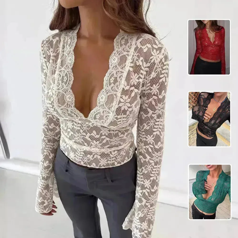 Flowers Lace Long Sleeve Top Y2K Fashion Slim Bottoming Crop Top for Women Casual Lace Top for Women