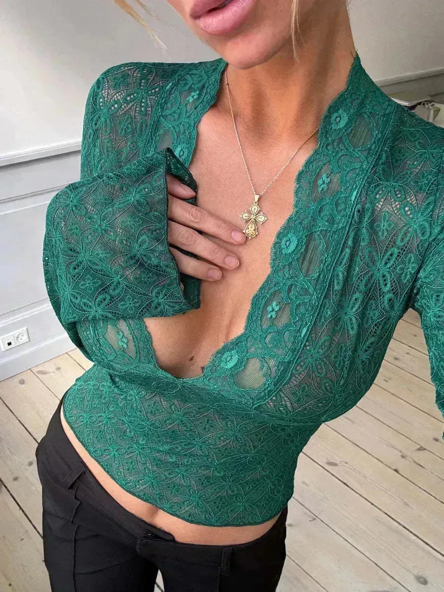 Flowers Lace Long Sleeve Top Y2K Fashion Slim Bottoming Crop Top for Women Casual Lace Top for Women
