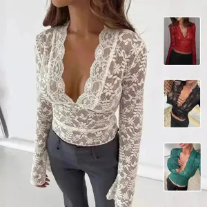 Flowers Lace Long Sleeve Top Y2K Fashion Slim Bottoming Crop Top for Women Casual Lace Top for Women