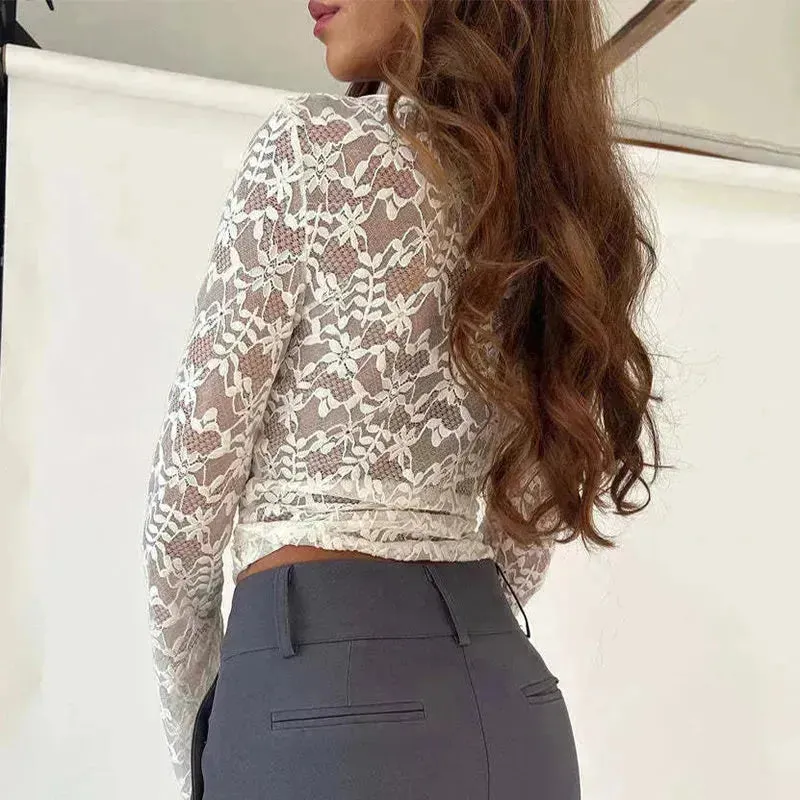 Flowers Lace Long Sleeve Top Y2K Fashion Slim Bottoming Crop Top for Women Casual Lace Top for Women