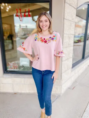 Flutter Sleeve French Terry Embroidered Top