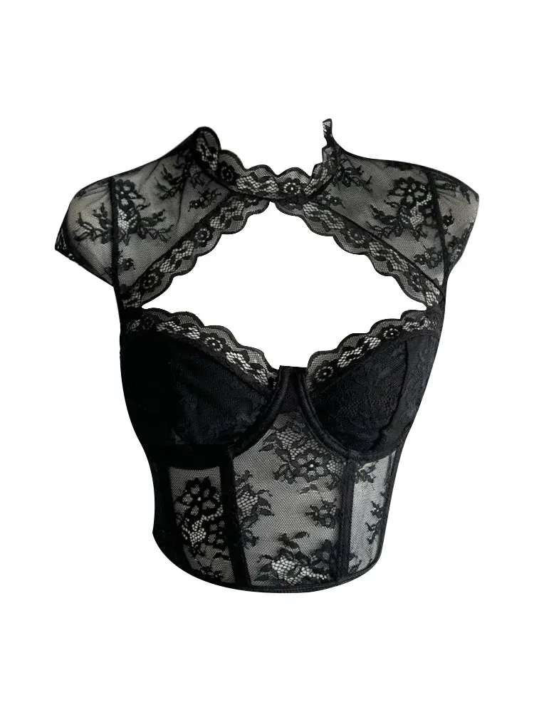 French Ballet Core Lace Hollow Out Crop Top