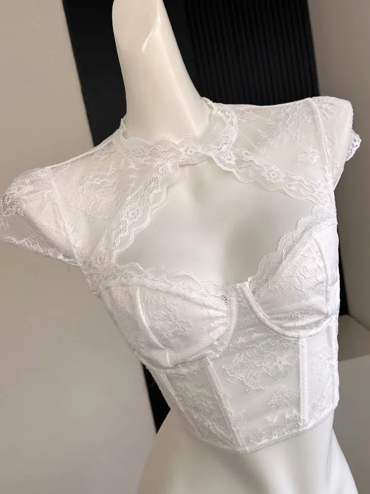 French Ballet Core Lace Hollow Out Crop Top
