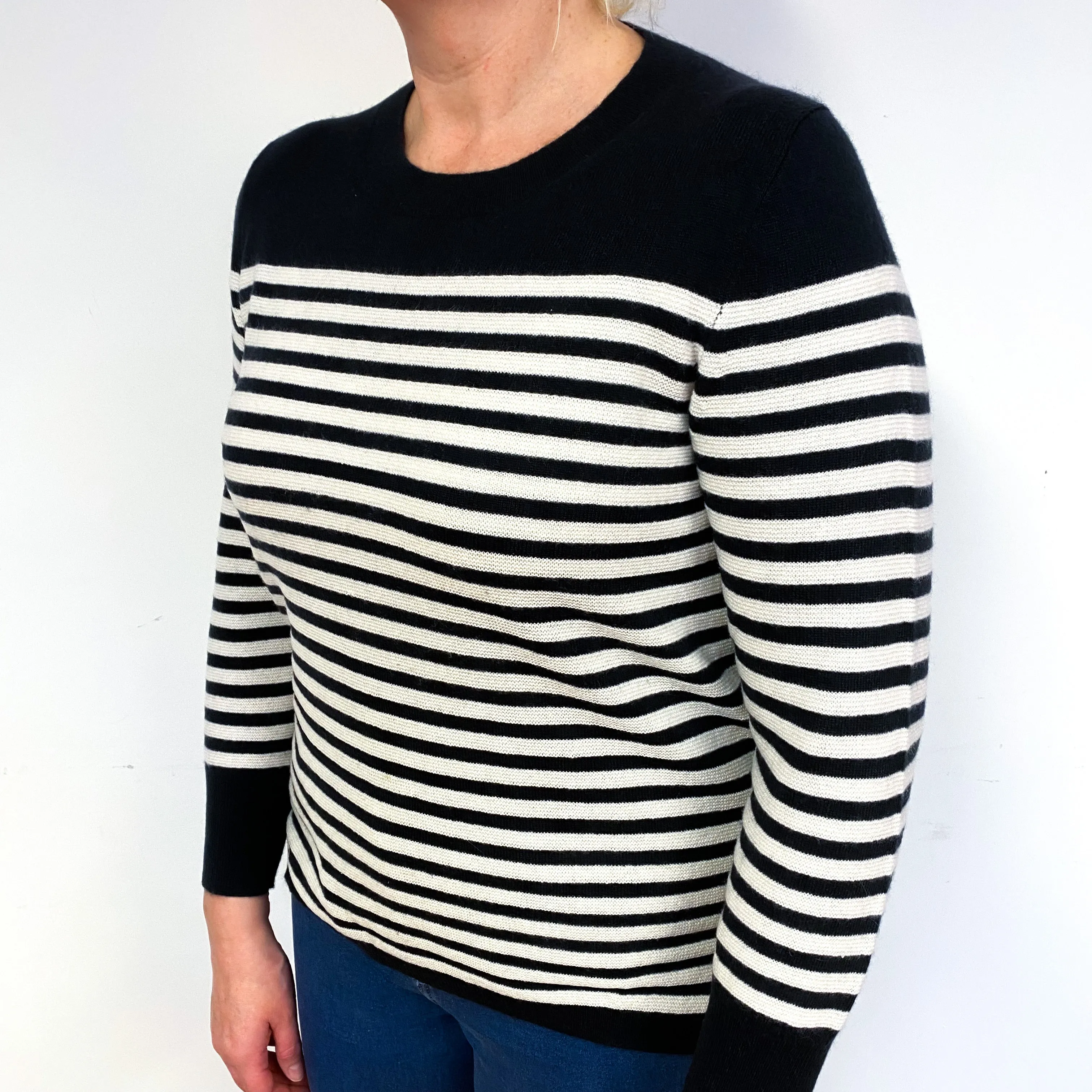 French Navy Cream Stripe Cashmere Crew Neck Jumper Large
