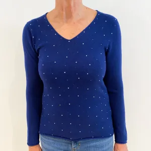 French Navy Sequinned Cashmere V-Neck Jumper Medium