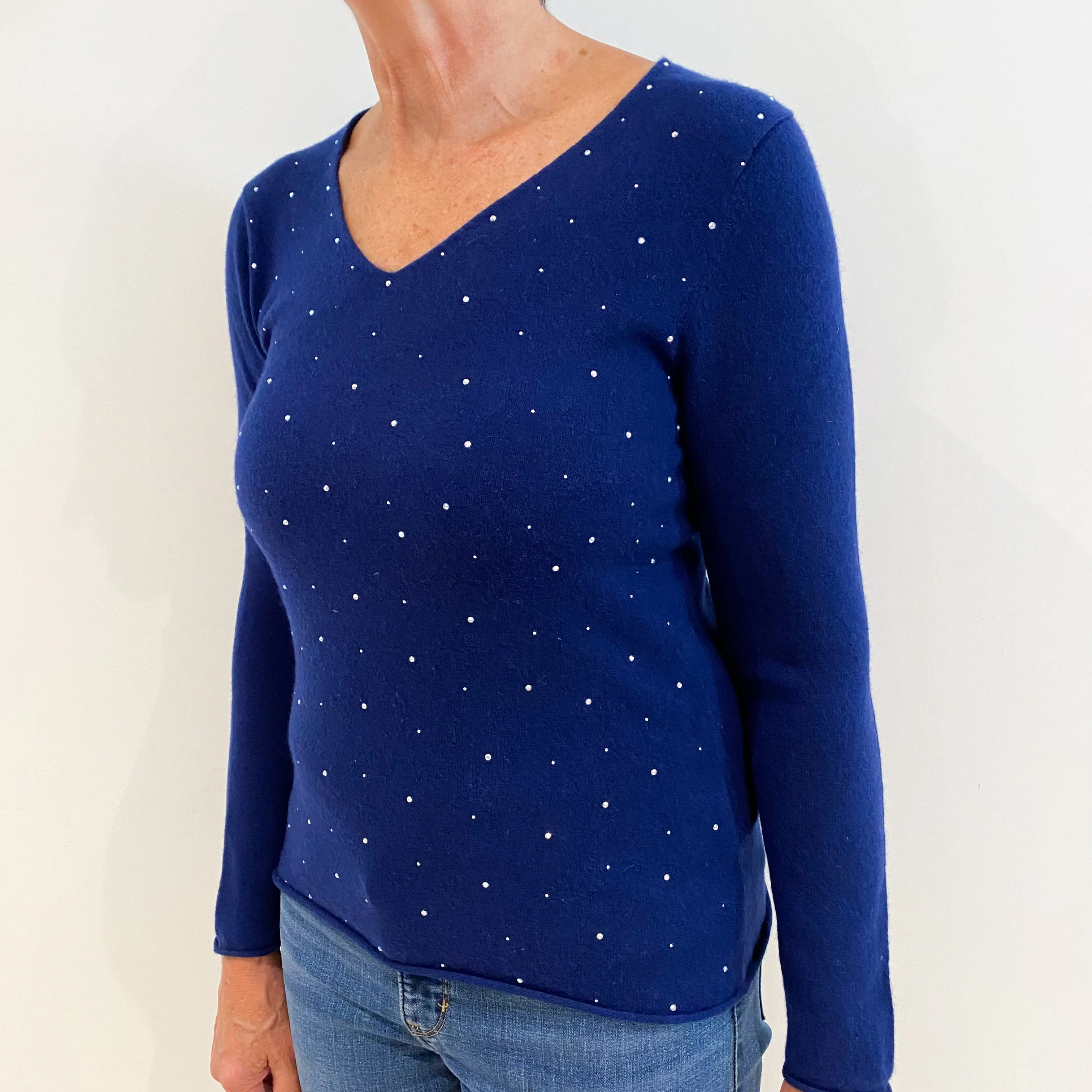 French Navy Sequinned Cashmere V-Neck Jumper Medium