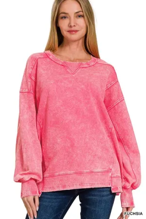 French Terry Acid Wash Pullover (Fuchsia) /Stuffology Boutique
