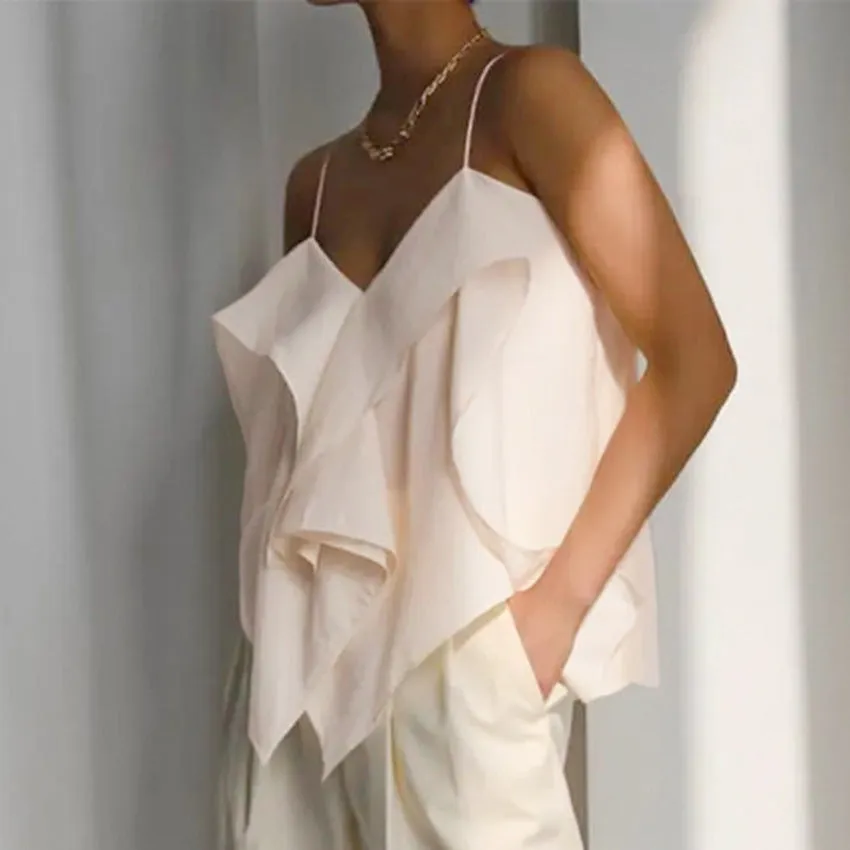 Frilled Loose Casual Comfortable Spaghetti Tank Top