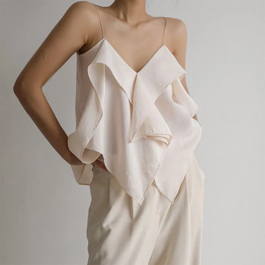 Frilled Loose Casual Comfortable Spaghetti Tank Top