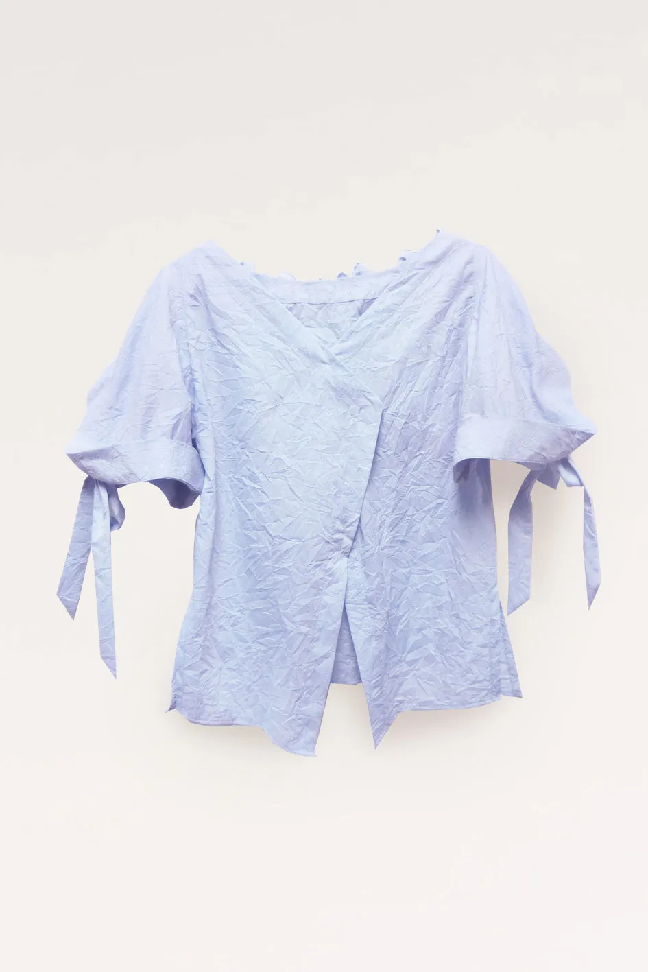 Frilly Neck Squarish Sleeves Wrinkled Cotton Top / Iceland blue