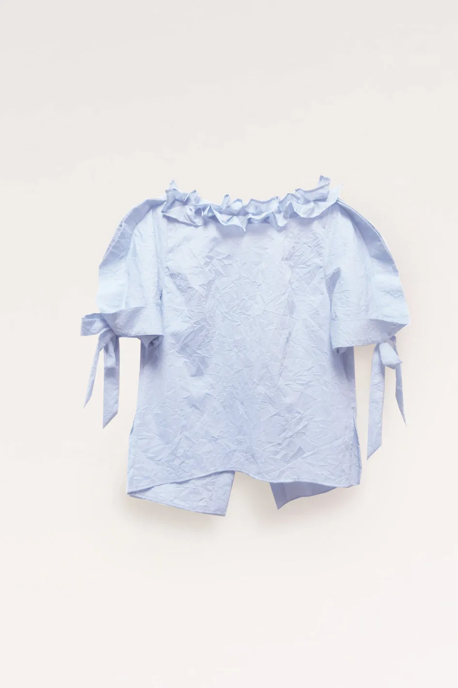 Frilly Neck Squarish Sleeves Wrinkled Cotton Top / Iceland blue
