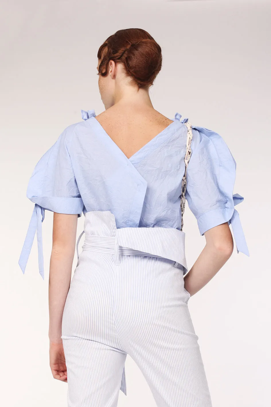 Frilly Neck Squarish Sleeves Wrinkled Cotton Top / Iceland blue