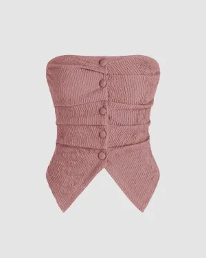 Front Button Solid Rib Tube Top In Pink