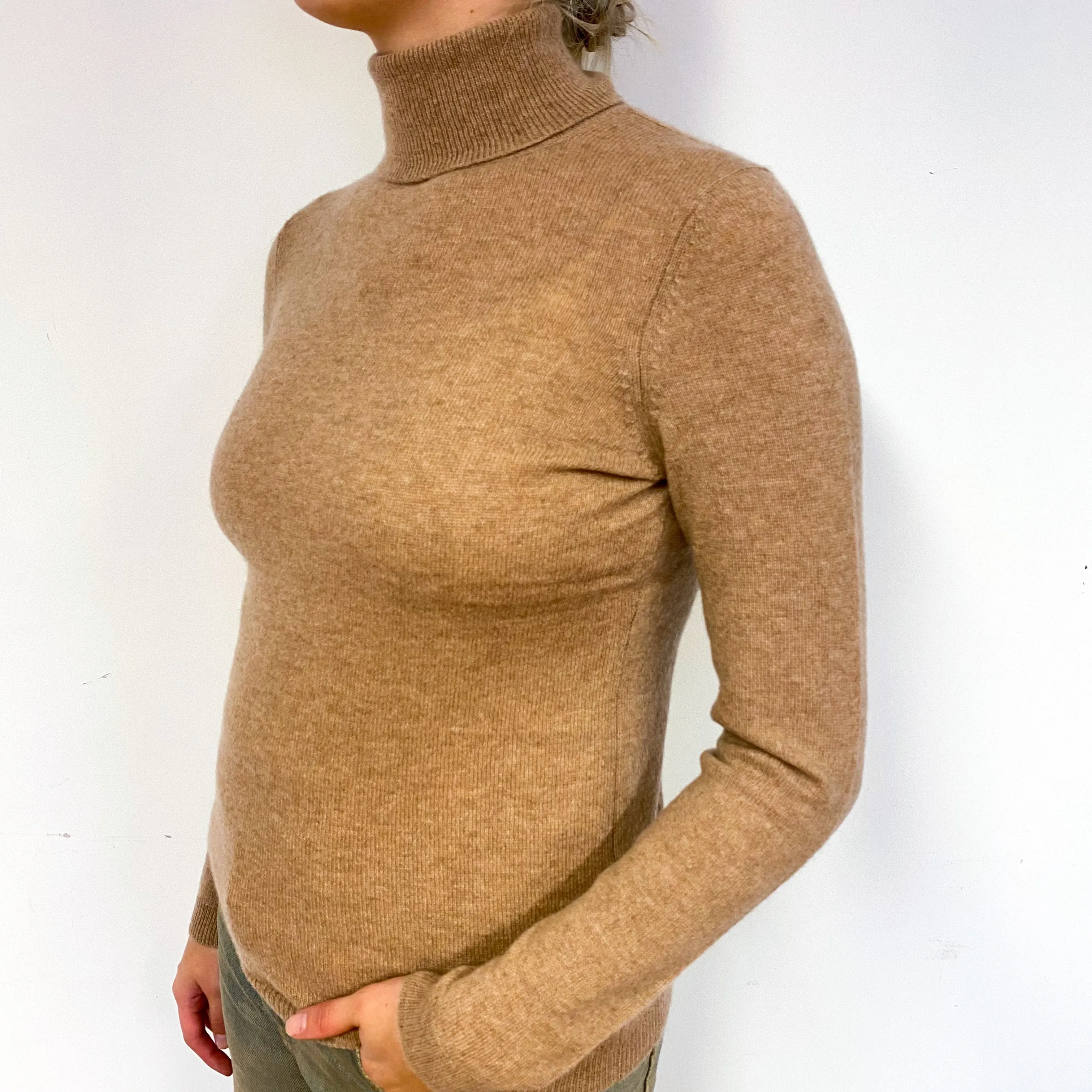 Fudge Brown Cashmere Polo Neck Jumper Small